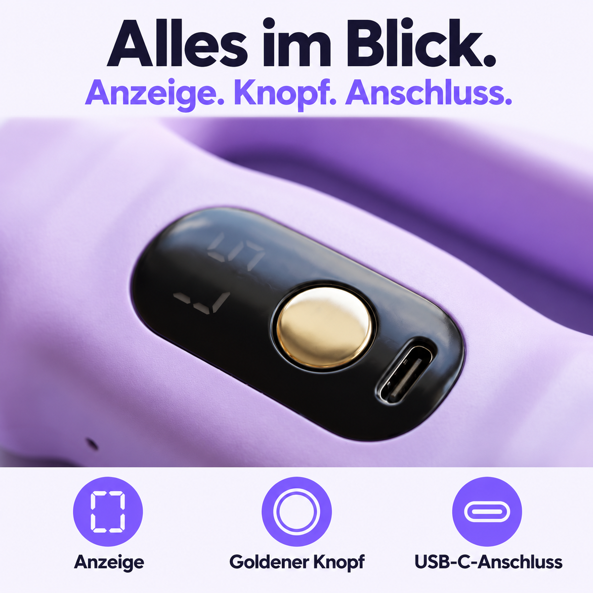 Nahaufnahme des Faszivo Bedienfelds: Anzeige, goldener Knopf und USB-C-Anschluss.